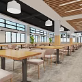 Modern Cafeteria Interior Design With Hanging Lights Wooden Elements Green Plants And Gray Floor