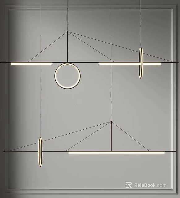 Modern Geometric Pendant Light With Circular Rings Linear Bars Black Metal Frame Structure 3d model
