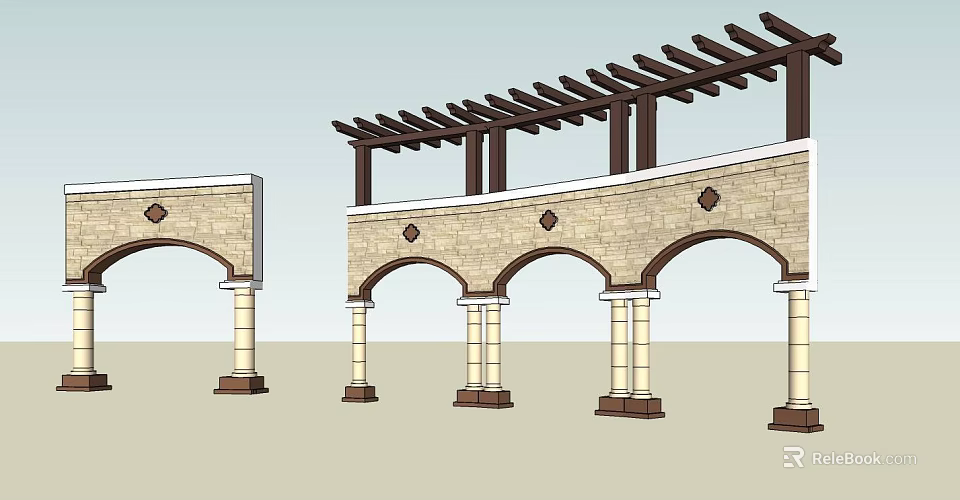 Architectural Building Exterior Wall Design With Arched Stone Columns And Wooden Pergola 3d model 