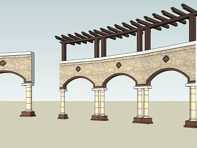 Architectural Building Exterior Wall Design With Arched Stone Columns And Wooden Pergola 3d model