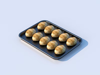 Delicious Freshly Baked Golden Brown Buns on Black Baking Tray 3d model