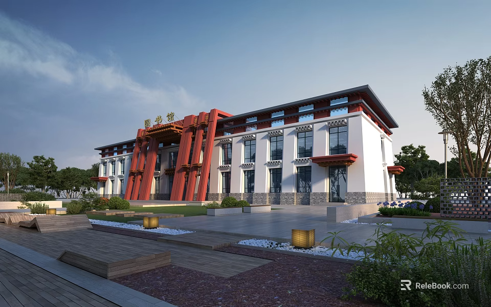 Traditional And Modern Fusion Museum Building With White Facade Red Structures And Landscaped Courtyard 3d model 