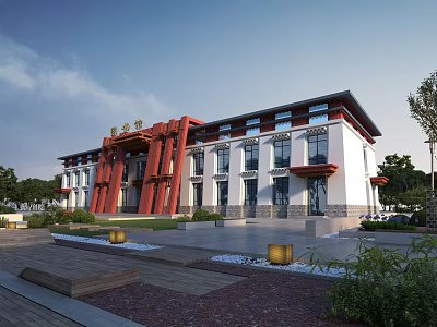 Traditional And Modern Fusion Museum Building With White Facade Red Structures And Landscaped Courtyard 3d model