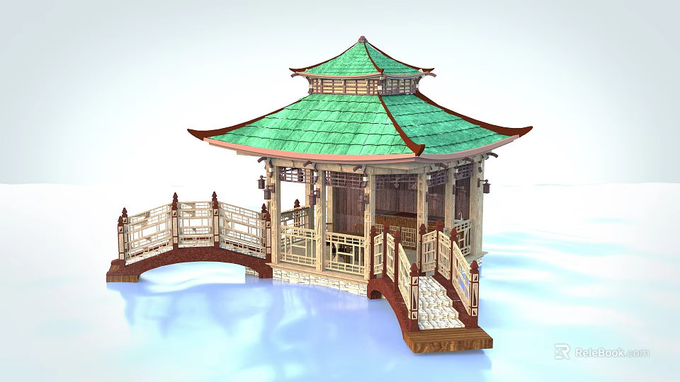 Ancient Chinese Traditional Pavilion with Green Tiled Roof and Wooden Bridge with Decorative Railings 3d model 