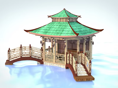 Ancient Chinese Traditional Pavilion with Green Tiled Roof and Wooden Bridge with Decorative Railings 3d model