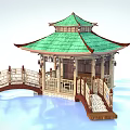 Ancient Chinese Traditional Pavilion with Green Tiled Roof and Wooden Bridge with Decorative Railings