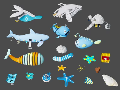 Colorful Marine Animal Toys Including Whale Shark Turtle Starfish And Shell Models 3d model