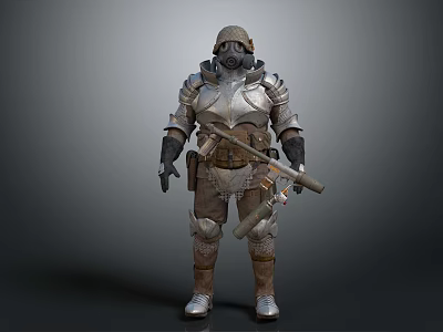 Detailed Game Movie Character Full Body In Armored Suit With Gas Mask And Weapon 3d model
