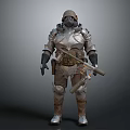 Detailed Game Movie Character Full Body In Armored Suit With Gas Mask And Weapon