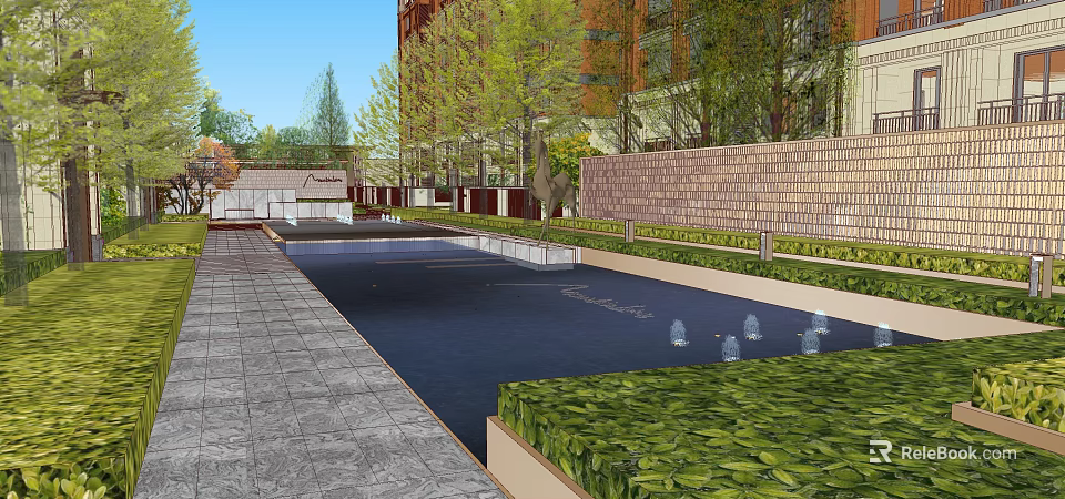Garden Landscape Design With Pool Fountains Green Plants Stone Pavement And Trees 3d model 