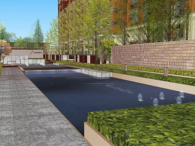 Garden Landscape Design With Pool Fountains Green Plants Stone Pavement And Trees 3d model