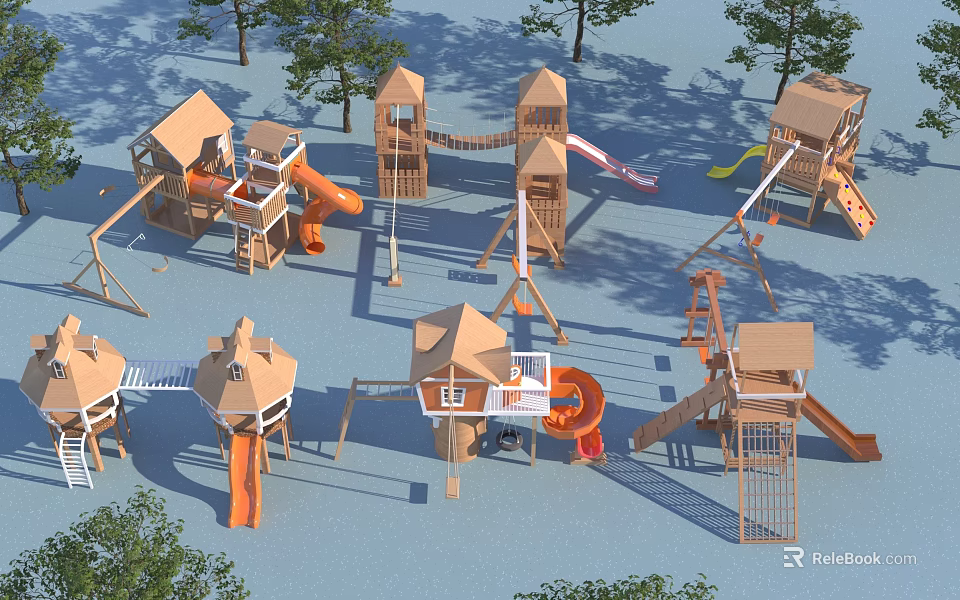 Outdoor Playground Equipment With Wooden Slides Swings And Climbing Structures For Kids Activity Area 3d model 