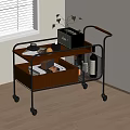 Modern Rolling Cart with Metal Frame Wooden Shelves Wheels and Coffee Machine on Top