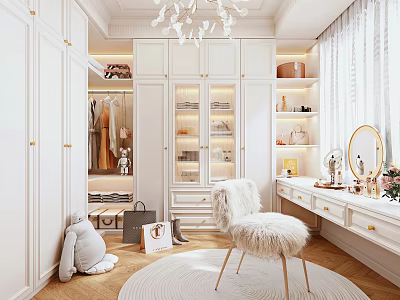 Elegant White Walk In Closet With Dressing Table And Fluffy Chair 3d model
