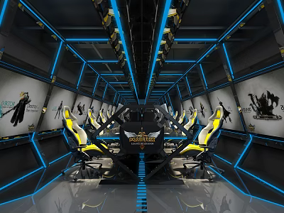 Modern Gaming Cafe Interior With Blue Lighting Gaming Chairs And Wall Posters 3d model