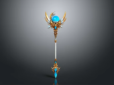 Ornate Golden Decorated Weapon With Blue Orb Top White Staff And Bottom Gem 3d model