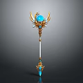 Ornate Golden Decorated Weapon With Blue Orb Top White Staff And Bottom Gem