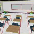 Scenic Window View In Classroom With Wooden Desks Blue Chairs And Whiteboard