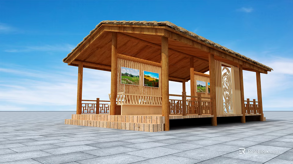 Wooden Pavilion Structure With Sloped Roof Railing And Decorative Paintings On Stone Pavement 3d model 