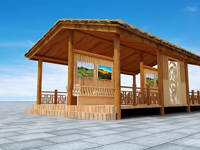 Wooden Pavilion Structure With Sloped Roof Railing And Decorative Paintings On Stone Pavement 3d model