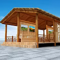 Wooden Pavilion Structure With Sloped Roof Railing And Decorative Paintings On Stone Pavement