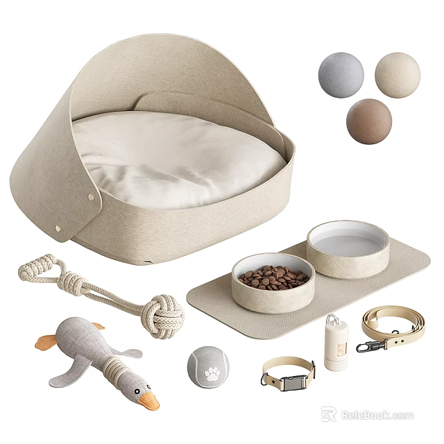 Cozy Pet Supplies Collection with Soft Bed Plush Toy Rope Toy Bowls Balls Collar and Accessories 3d model 