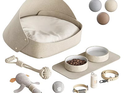 Cozy Pet Supplies Collection with Soft Bed Plush Toy Rope Toy Bowls Balls Collar and Accessories 3d model
