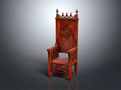 Gothic Style Red Wooden Chair With Carved Backrest And Ornate Armrests 3d model
