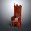 Gothic Style Red Wooden Chair With Carved Backrest And Ornate Armrests