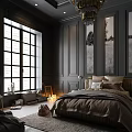 Dark Bedroom Interior Design with Large Windows Framed Artwork Chandelier Cozy Bed and Area Rug