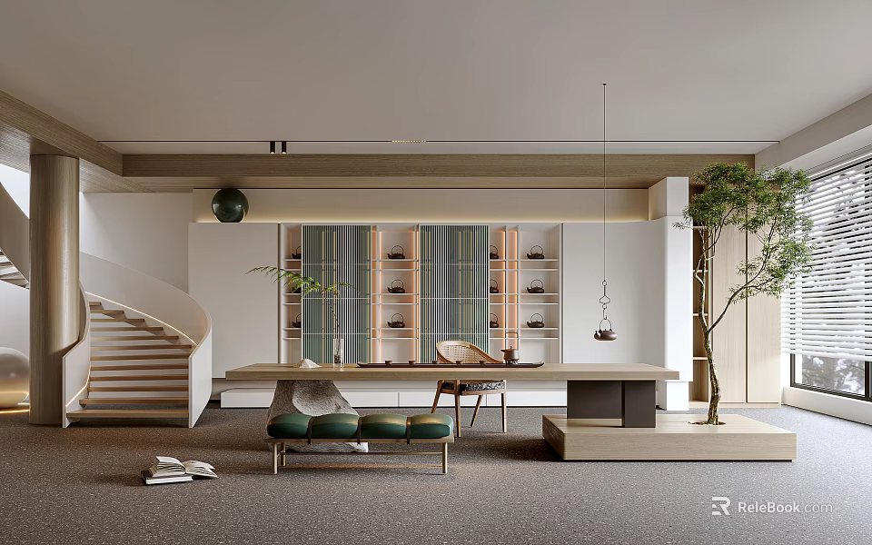 Modern Minimalist Tea Room Interior Design With Long Wooden Table Green Plants And Display Shelves 3d model 