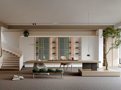 Modern Minimalist Tea Room Interior Design With Long Wooden Table Green Plants And Display Shelves 3d model