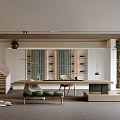 Modern Minimalist Tea Room Interior Design With Long Wooden Table Green Plants And Display Shelves