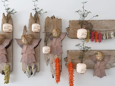 Rustic Wooden Wall Decor With Decorative Angels Hanging Plants And Colorful Chili Garlands 3d model