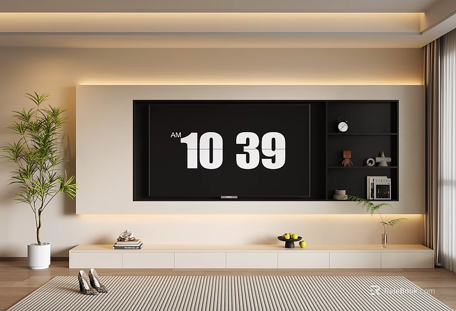 Modern TV Wall Design With LED Strip Lighting Black Shelves And Decorative Items 3d model 