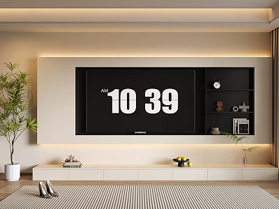 Modern TV Wall Design With LED Strip Lighting Black Shelves And Decorative Items 3d model