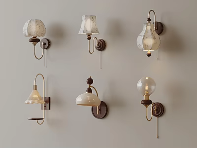 Diverse Decorative Wall Lamps Mounted on Light Colored Wall with Unique Styles 3d model