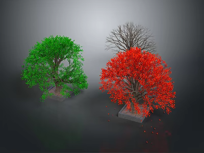 Three Varied Trees With Green Foliage Red Leaves And Leafless Branches On Dark Background 3d model