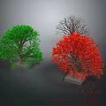 Three Varied Trees With Green Foliage Red Leaves And Leafless Branches On Dark Background