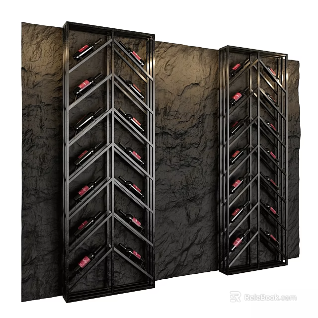 Black Metal Wine Rack With Red Wine Bottles On Textured Wall Background 3d model 
