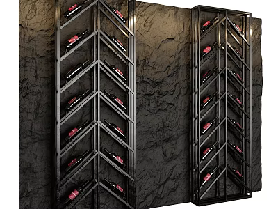 Black Metal Wine Rack With Red Wine Bottles On Textured Wall Background 3d model
