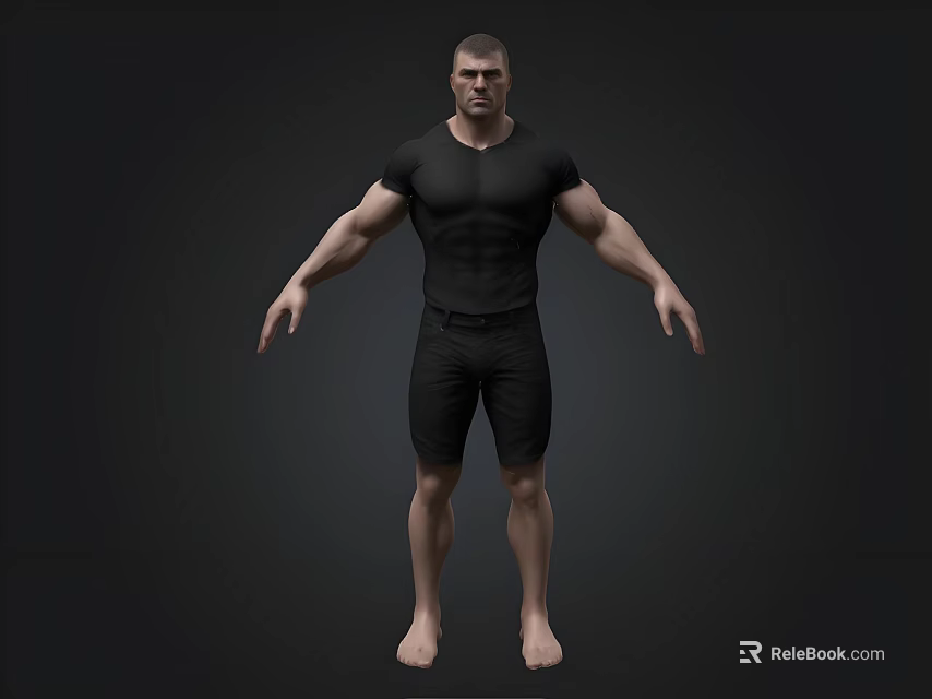 Muscular Man In Black Tight Shirt And Shorts Standing Barefoot On Dark Background 3d model 