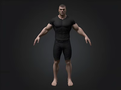 Muscular Man In Black Tight Shirt And Shorts Standing Barefoot On Dark Background 3d model