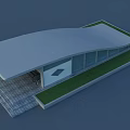 Modern Station Exterior Design With Curved Roof Glass Wall Escalators And Lawn Steps