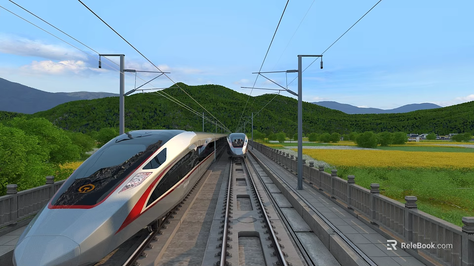 Two Modern High Speed Trains Running on Rail Tracks Through Green Mountains and Flower Fields 3d model 