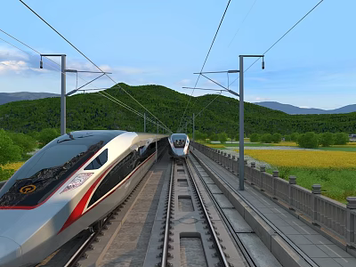 Two Modern High Speed Trains Running on Rail Tracks Through Green Mountains and Flower Fields 3d model