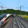 Two Modern High Speed Trains Running on Rail Tracks Through Green Mountains and Flower Fields