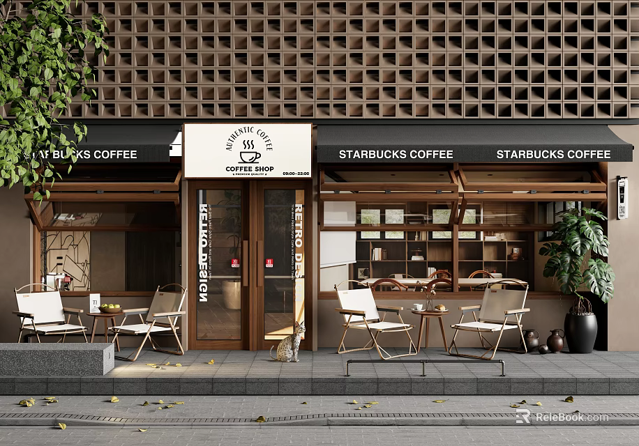 Starbucks Coffee Storefront With Wooden Lattice Wall White Awning Outdoor Seating And Green Plants 3d model 