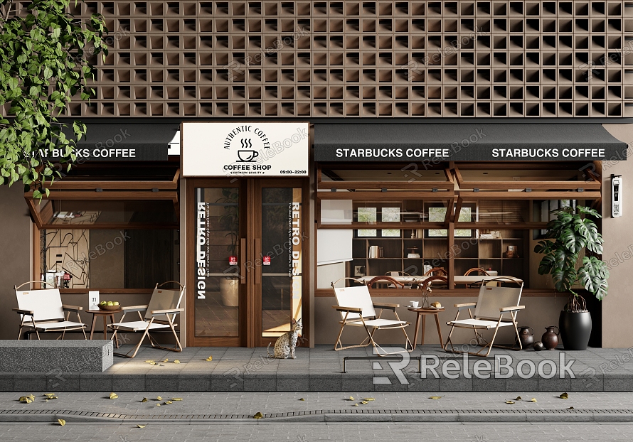 Modern Doorhead Cafe Doorhead Facade Outdoor Tables and Chairs Folding Window Shop Signboard Sunshade Potted Plant model