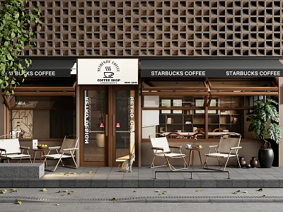 Starbucks Coffee Storefront With Wooden Lattice Wall White Awning Outdoor Seating And Green Plants 3d model